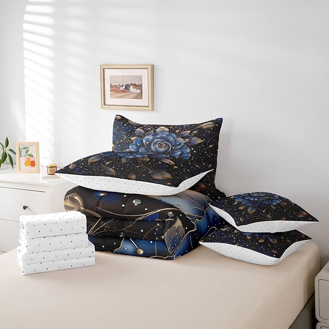 Erosebridal Gold Blue Rose Comforter Set Twin 7 Piece,Romantic Rose Flower Bedding Set for Girls Women Bedroom Decor,Rustic Flowers Bed in a Bag with Fitted Sheet,Flat Sheet,Pillowcases & Shams