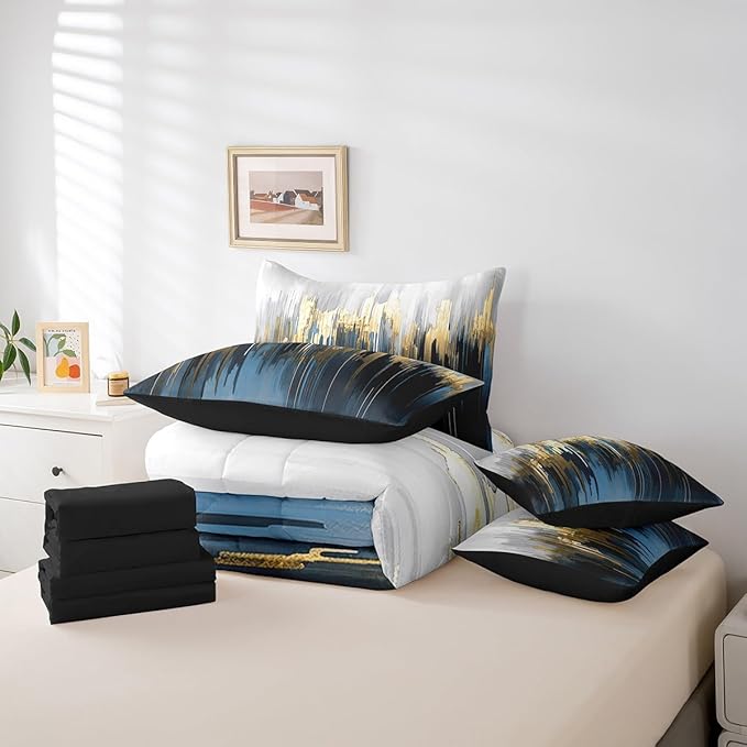 Navy Blue Bedding Comforter Sets 7pcs Gradient Brush Marks Bed in a Bag Watercolor Stripe Aesthetic Twin Bedding Sets Greyish White Ombre Comforter Set, Vintage Contemporary Bedding Sets & Collections