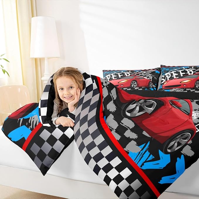 Feelyou Boys Race Car Bedding Set Cool Race Sports Car Set Comforter Set for Kids Boys Sports Theme Duvet Set Checkered Comforter Red 1 Comforter Set with 2 Pillowcases Queen Size