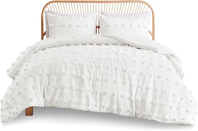 Intelligent Design Queen Comforter Set, Clipped Jacquard Comforter Set Chic Pompoms Accent, All Seasons Lightweight & Fluffy Comforter Bed Set with 2 Shams, Lucy, Full/Queen Ivory 3 Piece