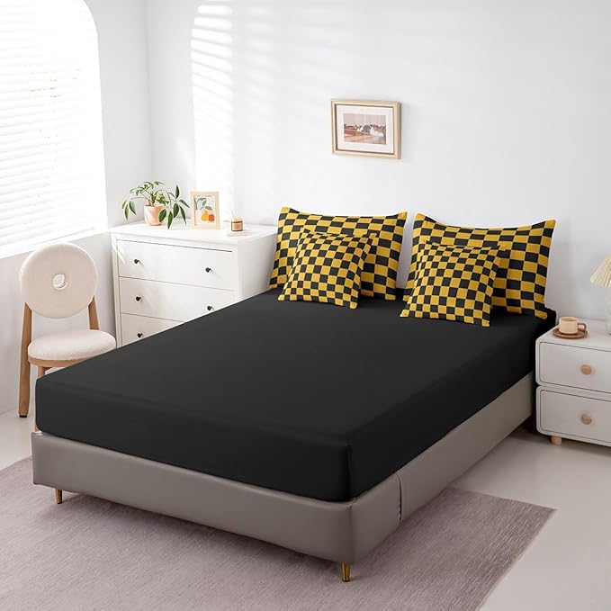 Feelyou Checkered 7 Piece Bedding Set Teen Yellow Black Plaid Comforter Set with Sheets Twin Size Kids Boys Cute Retro Neutral Checkerboard Geometric Bed in a Bag Vintage Aesthetic Room Decor