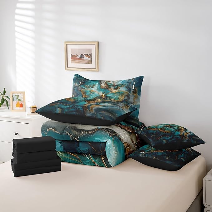 Erosebridal Boho Butterfly King Comforter Set with Sheets 7 Piece,Teal and Gold Marble Gradient Bedding Set Abstract Decor for Bedroom,Trippy Butterfly Bed in a Bag with Pillowcases & Shams