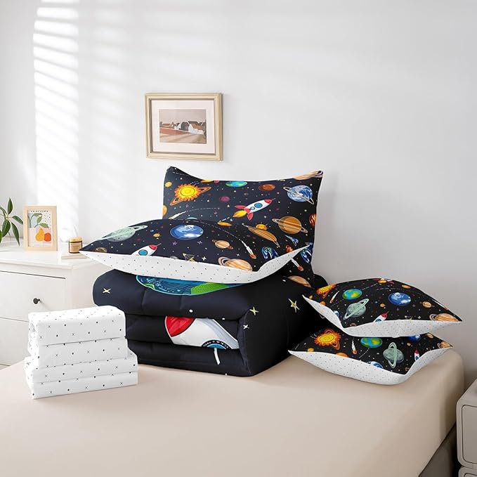 Erosebridal 7 Pcs Galaxy Comforter Set Twin Size,Cartoon Out Space Planet Bed in a Bag with Flat Fitted Sheet for Kids and Adults,Stars Sun Earth Bedding Set with Pillowcases and Cushion Cases