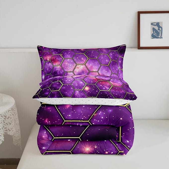 Manfei Purple Galaxy Comforter Set King Size, Geometric Hexagon Print Bedding Set 3pcs, Starry Sky Honeycomb Space Down Comforter for All Season, Kids Boys Girls Room Decor, 2 Pillowcases