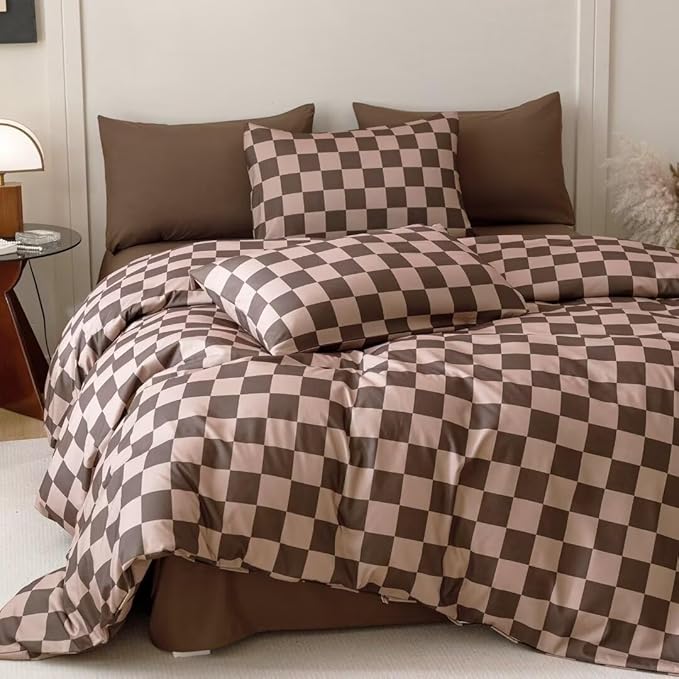 CLOTHKNOW Dark Brown Grid California King Comforter Set Plaid Bedding Comforter Sets Checkered Comforter Soft Geometric Comforter with 2 x Pillow Cases
