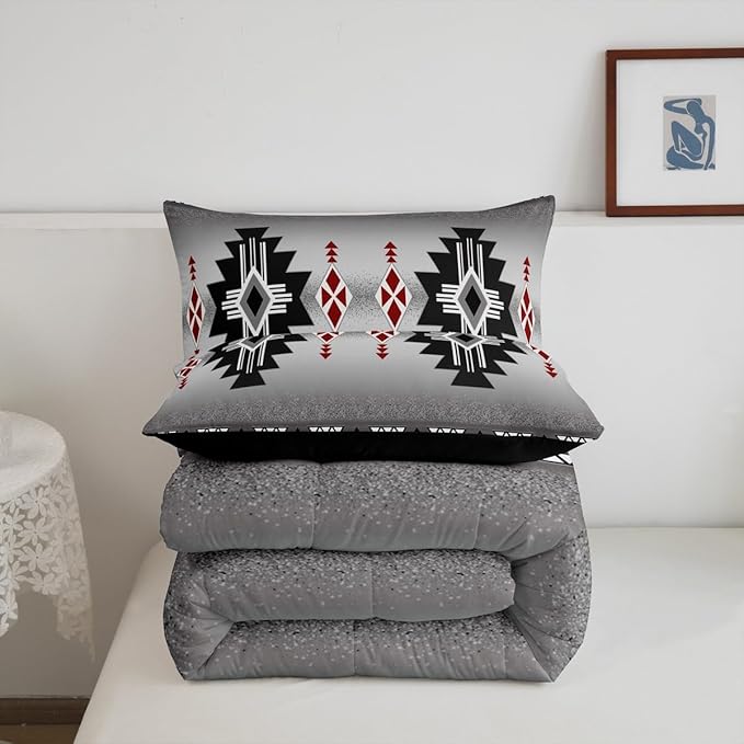 Erosebridal Rustic Western Comforter Set Twin, Southwestern Aztec Bedding Set for Boys Teens Men Bedroom, Exotic American Native Bedding Comforter Sets Vintage Bohemian Geometric Quilt, Red Grey