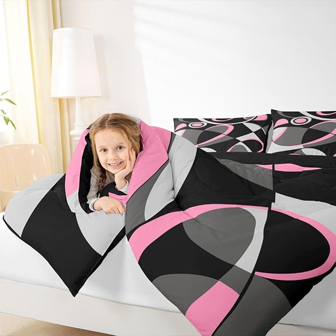 Feelyou Pink Grey and Black Comforter Retro Circle Geometrics Comforter Set Modern Abstract Art Bedding Set for Kids Boys Girls Geometrics Swirl Duvet Set Luxury Room Decor Quilt Set Queen Size