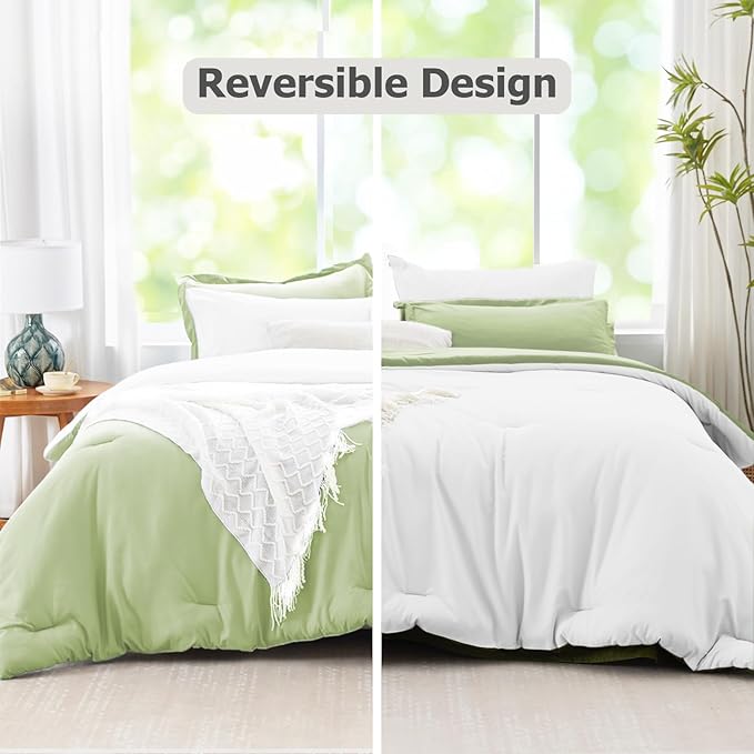 Twin XL Comforter Set Light Green Reversible Bedding Set, 5 Pieces Soft Bed in a Bag Twin XL with Comforter, Sheets, Pillowcase & Sham, All Season Boho Twin XL Bed Set