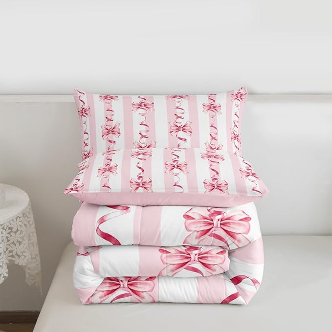 Erosebridal Pink Ribbon Bow Comforter Set Cute Coquette Bowknot King Bedding Set for Girls,Romantic Aesthetic Princess Bow Comforter Pink Geometric Striped Line Bed Set for Kids Teen Adults