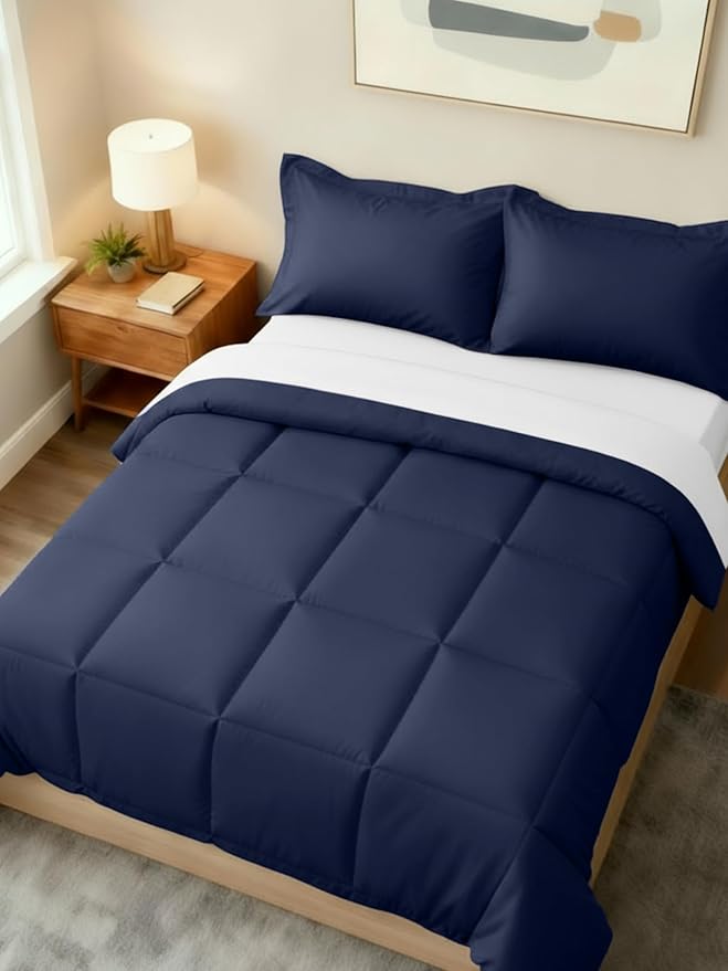Full Comforter Set - 3 Piece Bed Set for All Seasons - 1 Soft Quilted Comforter w/ Corner Tabs & 2 Pillow Shams - Comfy, Cozy & Breathable - Premium Down Duvet Insert - Oeko-TEX - Full Size, Navy Blue