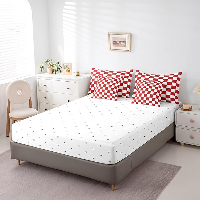 Feelyou Checkered Retro 7 Piece Bedding Set Teen Women Men Red White Plaid Comforter Set with Sheets Queen Size Kids Boys Geometric Vintage Bed in a Bag Modern Simple Groovy Aesthetic Room Decor