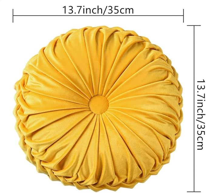 NatureMan 13.7 inch Round Sofa Cushion Pure Color Velvet Home Decor, Pleated Round Cushion, Pumpkin Pillow Suitable for Home Bed car Decoration (Yellow)