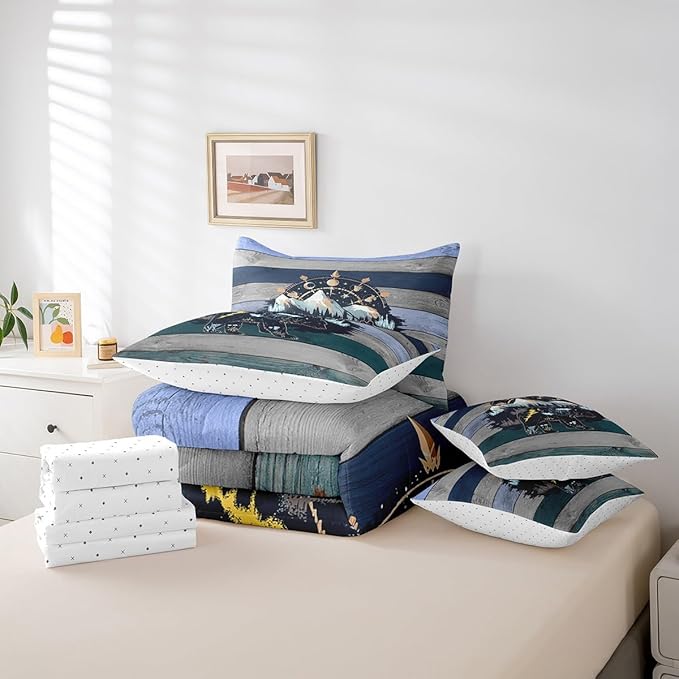 Erosebridal Rustic Bear Comforter Set with Sheets & Pillows - 7-Piece Farmhouse Decor Bed-in-a-Bag (1 Comforter, 1 Flat Sheet, 2 Pillowcases & 2 Throw Pillow Covers)