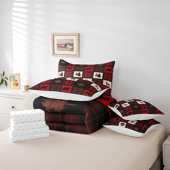 Erosebridal 7 Pcs Cabin Deer Comforter Set Twin Size,Hunting Deer Bed in a Bag with Flat Fitted Sheet for Kids and Adults,Camping Woodland Plaid Bedding Set with Pillowcases and Cushion Cases