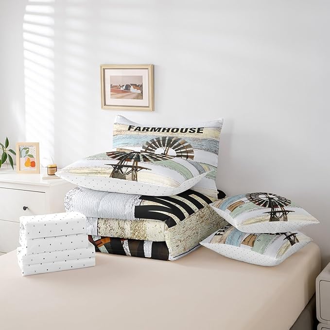 Erosebridal Farmhouse Windmill Comforter Set - 7 Pcs Rustic Decor Wooden Print Comforter Set with 1 Comforter, 1 Flat Sheet, 1 Fitted Sheet, 2 Pillowcases and 2 Throw Pillow Covers