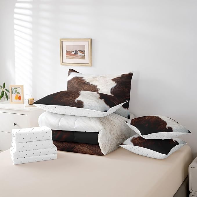 Erosebridal 7 Pieces Brown and White Bedding King Size Cowhide Cow Print Comforter Set, Milk Cow Fur Bedding Comforter Sets Wildlife Hair Bed in a Bag, Animal Skin Pattern Bedding Accessories