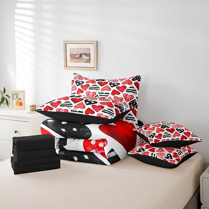 Feelyou Valentine's Day 7 Piece Bedding Set Full Size Red Black Heart-Shaped Comforter Set with Sheets for Adult Polka Dot Bed in a Bag Romantic Bed Set