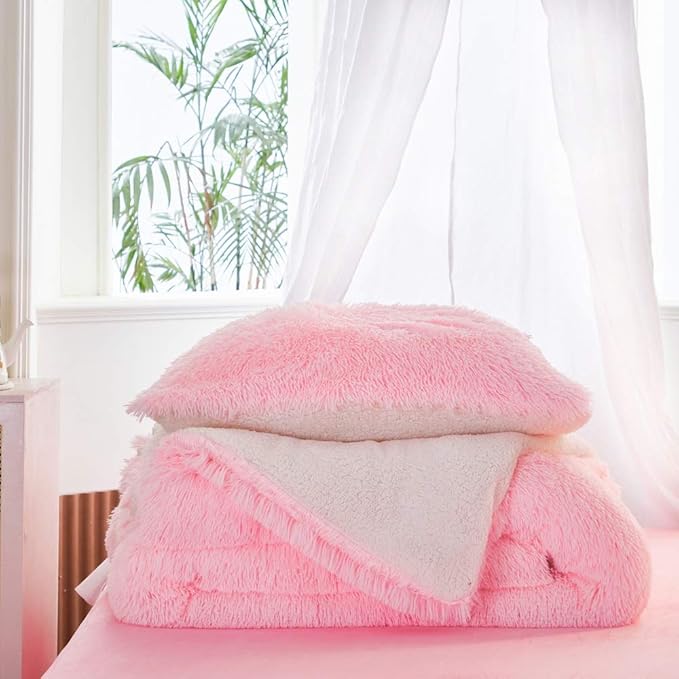 Flysheep Luxury Faux Fur Twin Size Winter Comforter Set Shaggy Velvet Pink Long Hair, 3 Pieces Plush Flannel Sherpa Backing Reversible Soft Microfiber Super Warm Bedding Set for Holiday
