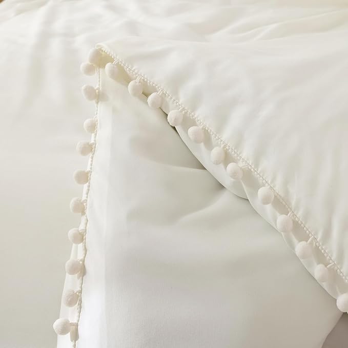 YIRDDEO King Size Comforter Set in Ivory, 3pcs Boho Ball Pom Lightweight Bed Comforter, Soft Solid Color Bedding Comforter Sets for All Seasons (Ivory, King, 104"x90")