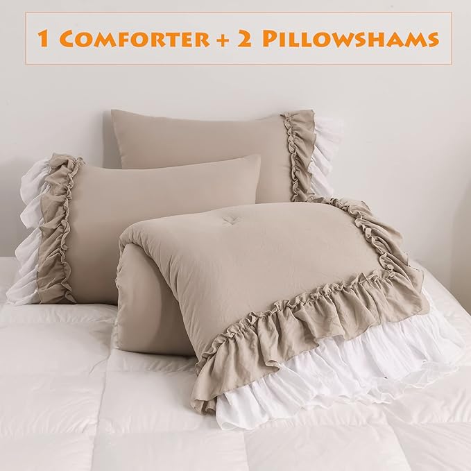 Masaca Ruffled Comforter Set Queen,Farmhouse Shabby Bedding Comforter Sets Vintage French Country Taupe and White Bedding 3PCS(1 Shabby Comforter and 2 Ruffle Pillowcases)