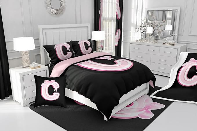 jejeloiu Kids Girls Black Pink Bow Comforter Set with Sheets Queen Size Monogrammed 7 Piece Bedding Set Personalized Initial C Bed in a Bag with Comforter,Sheets,Pillowcases Modern Fashion Bed Set