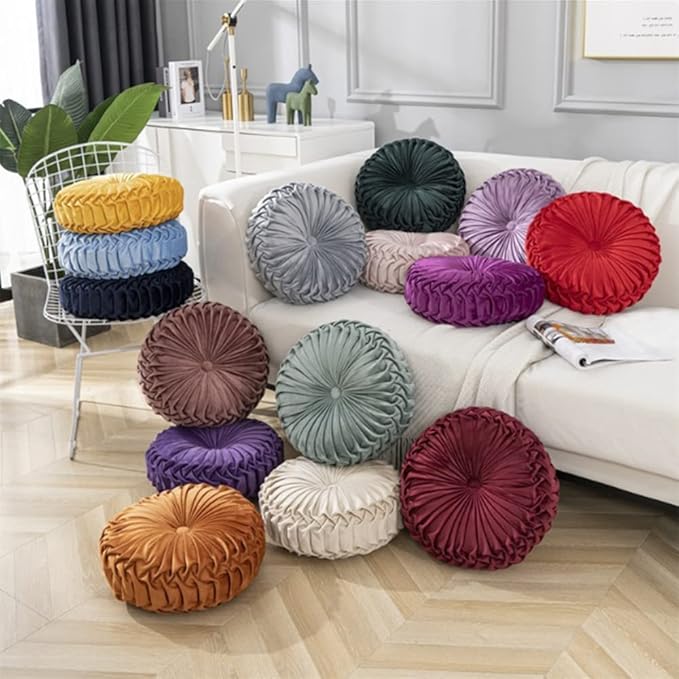 NatureMan 13.7 inch Round Sofa Cushion Pure Color Velvet Home Decor, Pleated Round Cushion, Pumpkin Pillow Suitable for Home Bed car Decoration (Light Blue)
