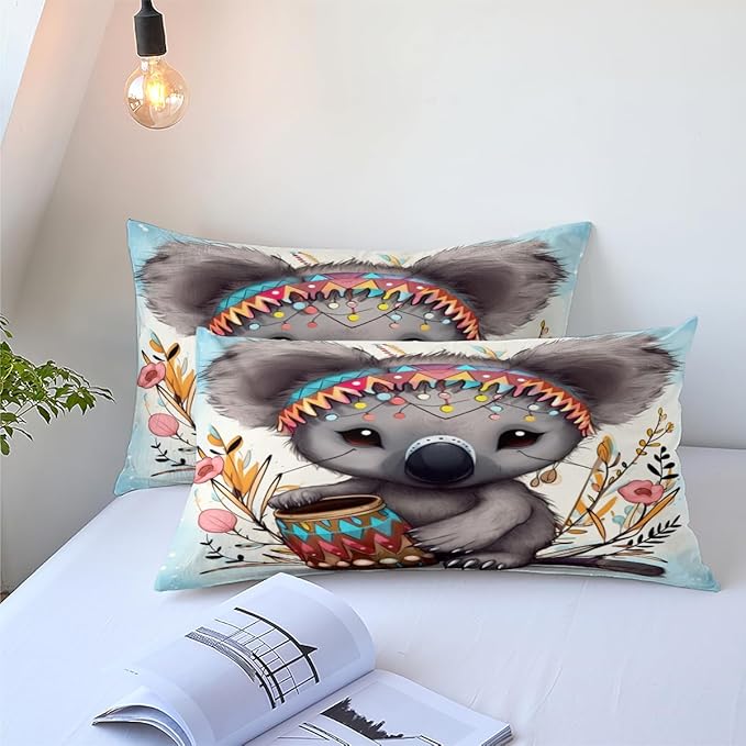 Cartoon Koala Comforter Set Full Size, Cute Animal Bedding Set, 3 Pieces Ethnic Tribal Bedroom Decor with 2 Pillowcases/79 * 90