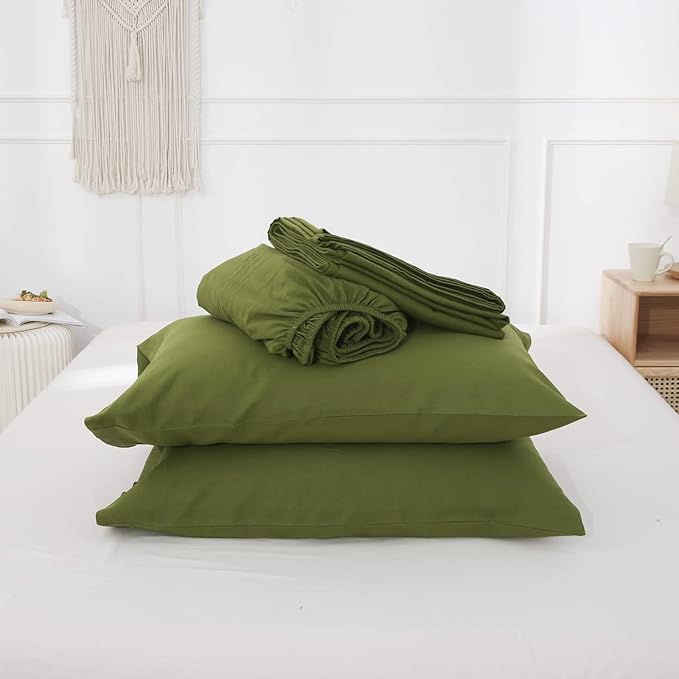 Simple&Opulence Belgian Linen Sheet Set Solid Color - 3 Pieces (1 Flat Sheet, 1 Fitted Sheet & 1 Pillowcase) Natural Flax Cotton Blend Soft Breathable Farmhouse Bedding - Twin Size, Forest