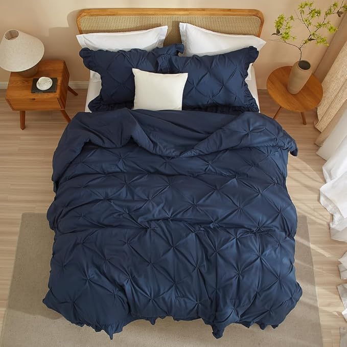AMWAN Ruffled Pintuck Shabby Chic Farmhouse Comforter Set King Size 3 PCS (1 Solid Ruffled Comforter with 2 Pillowcases) Soft Fluffy Pinch Pleated Comforter Set All Seasons Comforter Set Dark Blue