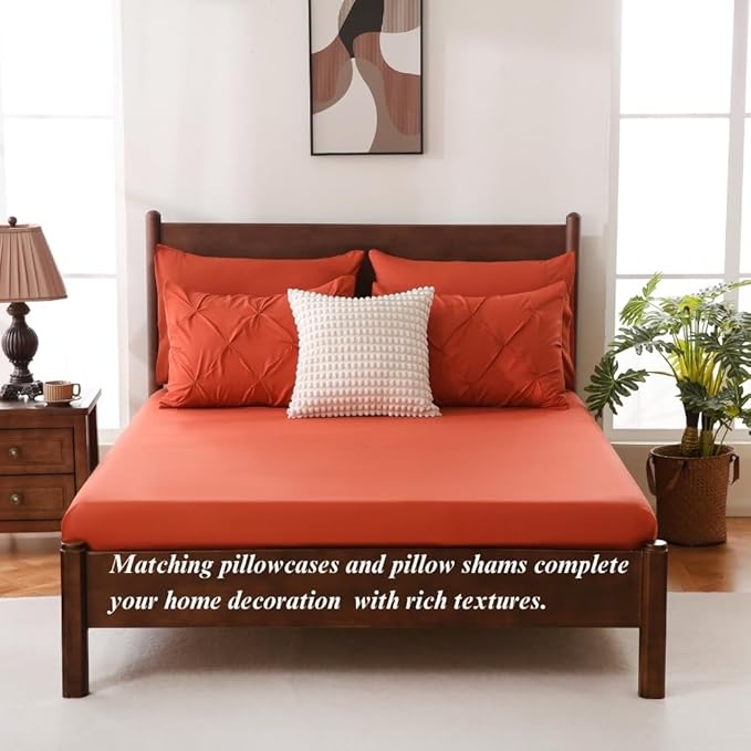 Sheet&Joy King Size Comforter Set, 7-Piece Bed in a Bag, Pintuck Bedding Set for All Season, Includes Comforter, Flat Sheet, Fitted Sheet, Pillowcases and Pillowshams, Orange