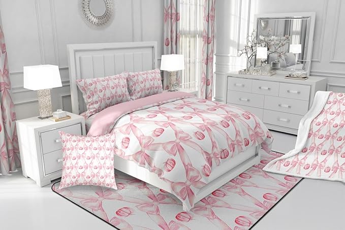 Erosebridal Pink Bow Bedding Comforter Sets King,Cute Fall Pumpkin Girls Comforter Set Pink White Princess Bedding Set for Kids Teen Women Bedroom,Kawaii Bow Decor Duvet Insert 3 Pcs