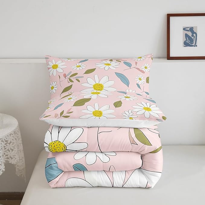 Manfei White Daisy Comforter Set King Size, Flower Leaves Bedding Set 3pcs for Kids Boys Girls Bedroom Decor, Botanical Floral Print Quilt Set Soft Polyester Duvet Set with 2 Pillowcases