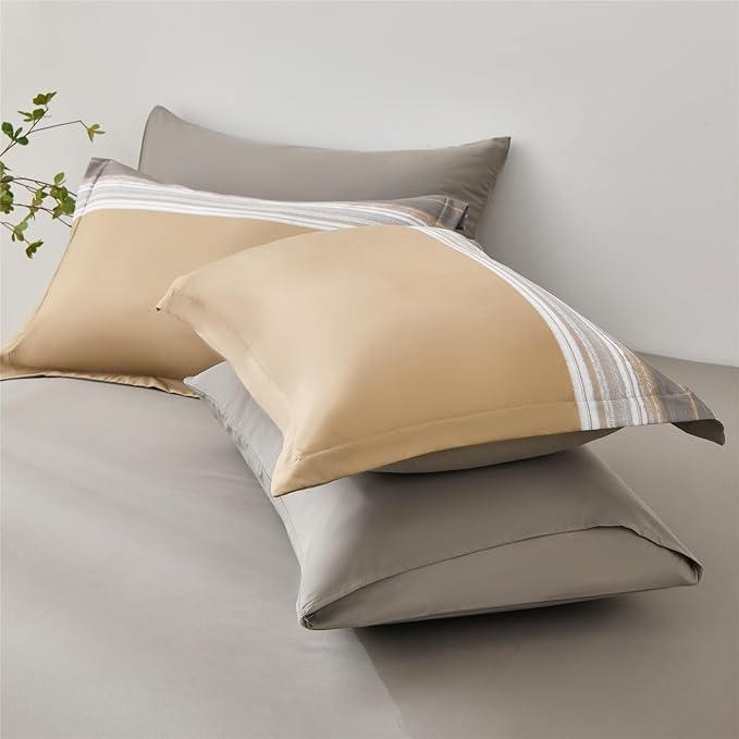 7 Piece Bed in a Bag Stripe Comforter Set Full Size, White Grey Khaki Striped Comforter and Sheet Set, All Season Soft Microfiber Complete Bedding Set(Khaki,Full)