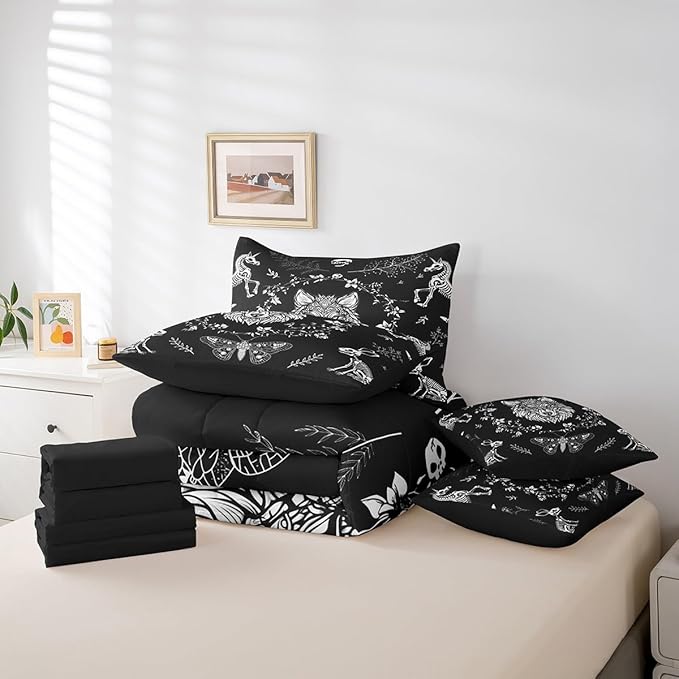 Wild Wolf Comforter Set in a Bag 7 Pieces,Gothic Moth Animals Skeleton Bed Set Twin,Weed Floral Black White Bedding Sets,(1 Comforter,2 Pillowcase,2 Pillow Covers,1 Flat Sheet,1 Fitted Sheet)