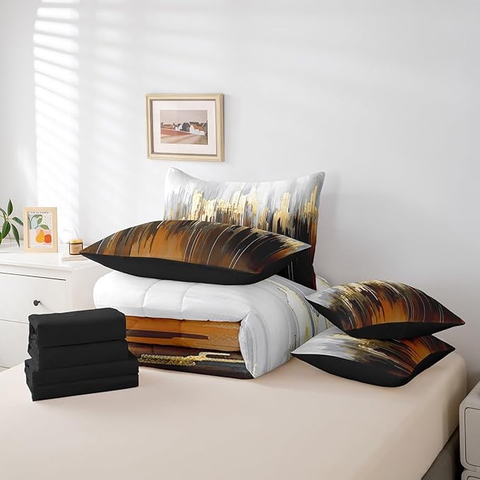 Brown King Comforter Set 7 Pieces Ombre Abstract Bedding Comforter Sets, Brush Marks Gradient Bed in a Bag Contemporary Golden Metallic Bedding Set, Watercolor Stripe Aesthetic Bed Sheets Set