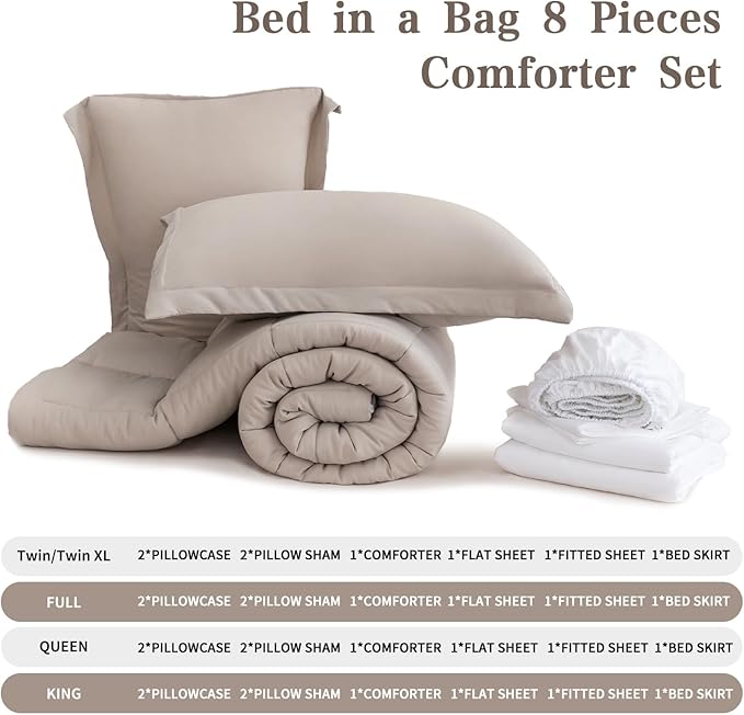 King Size Comforter Set - 8-Piece White Bedding with Breathable Reversible Down Lightweight Comforter, Bed Skirt, Flat Sheets, Pillowcases & Pillow Shams