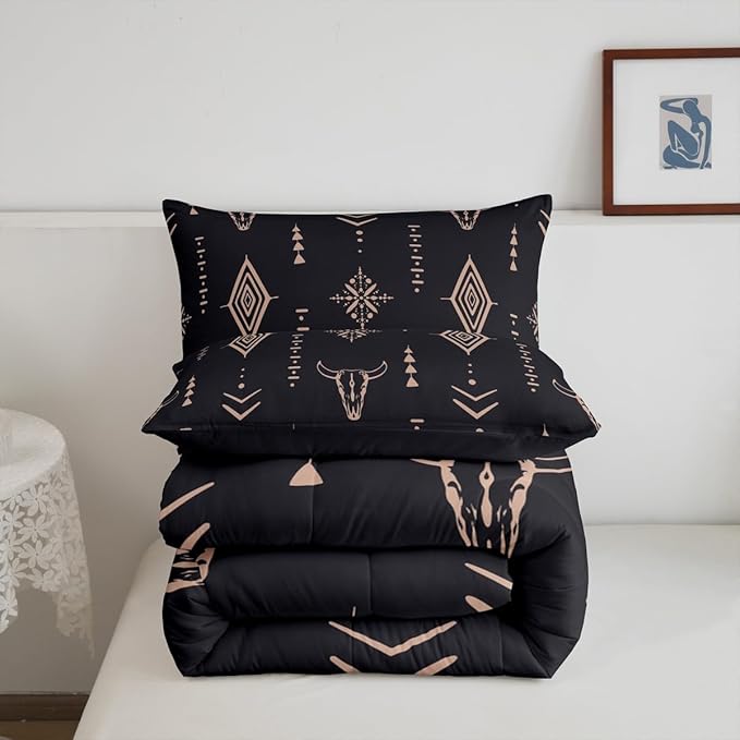Bull Skull Comforter Set King Boho Bedding Ethnic Horns Bohemian Bedding Comforter Sets Black Brown Tribal Symbol Mysterious Aztec Bedroom Decor Abstract Geometric Duvet Insert for Men Boys