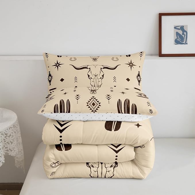 Erosebridal Boys Full Size Bull Skull Comforter Set, Western Cowboy Bedding Set Vintage Southwestern Duvet Insert Bohemian Geometric Cactus Quilt Tribal Exotic Ethnic for Teens Bedroom Decor,Khaki