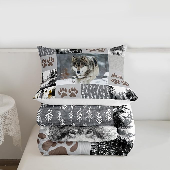 Wolf Kids Comforter Set Queen Size,Wolf Paws Print Pine Trees Wild Adventure Bedding Set,Boys Girls Adults Room Decor,Geometric Plaids Patchwork Down Comforter,Rustic Duvet Insert,2 Pillowcases