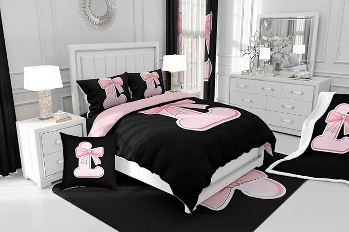 jejeloiu Kawaii Pink Bow Full Comforter Set with Sheets,Gifts for Women Teen Girl,Personalized Initial Letter L 7 Piece Bedding Set,Soft Monogrammed Bed in a Bag with Comforter,Sheets,Pillowcases