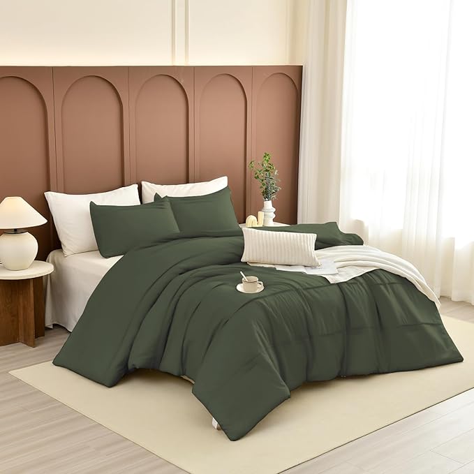 Sanracie King Comforter Set(106"x 95"), Cotton Olive Green Color Pinch Pleated Bedding Sets,3Pcs Lightweight Breathable Neutral Comforter Sets for All Season