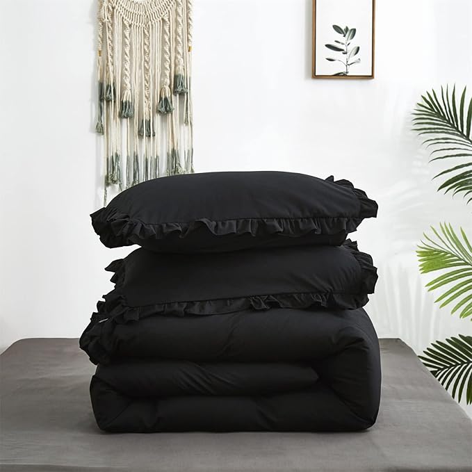 Luxlovery Black Ruffle Comforter Set Queen Farmhouse Shabby Khaki Bedding Comforter Set Full All Black Color Quilts Blankets Vintage Shabby Soft Breathable Boho Bedding Set for Queen Bed Women Men