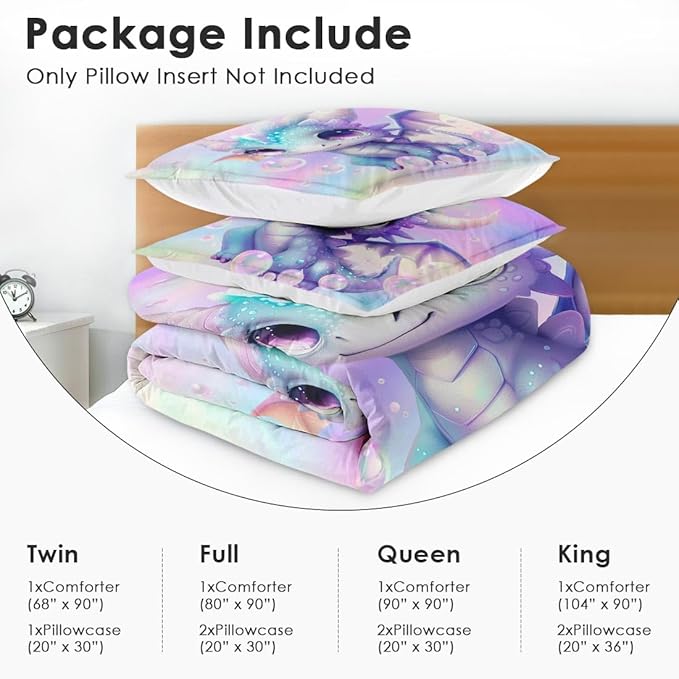 Cute Dragon Colorful Comforter Set for Kids Toddlers Teens Adults Twin, Blue Yellow Baby Bedding Sets Water Washed Microfiber Bedding with 1 Comforter 1 Pillowcase All Season