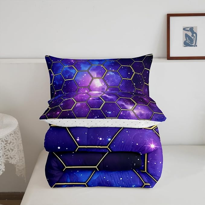 Manfei Galaxy Honeycomb Comforter Set Twin Size, Geometric Hexagon Print Bedding Set 2pcs, Blue Purple Starry Sky Down Comforter for All Season, Kids Boys Girls Room Decor, 1 Pillowcase