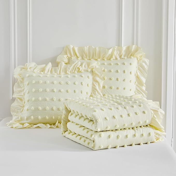 Tufted Dots Ruffle Comforter Set Full/Queen Size, 3 Pieces Yellow Vintage Farmhouse Shabby Chic Comforters, Jacquard Boho Bohemian Bedding Set for All Season (1 Ruffled Comforter+ 2 Pillow Shams)