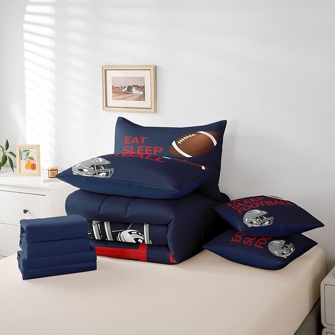 Feelyou Football Bed in a Bag Kids Rugby Bedding Set Boys Girls Football Lover Comforter Set King Size 7 Pieces Sports Bed Set with Comforter, Sheet Set, Pillowcases, Pillow Covers