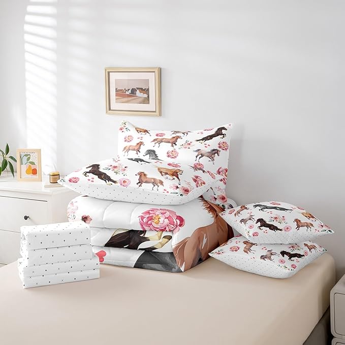 Erosebridal 7 Pcs Horse Comforter Set Twin Size,Romantic Cowboy Cowgirl Bed in a Bag with Flat Sheet and Fitted Sheet for Kids and Adults,Pink Rose Horse Bedding Set with Pillowcases and Cushion Cases