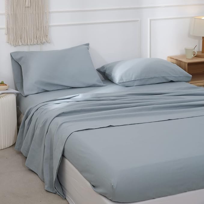 Simple&Opulence Belgian Linen Sheet Set Solid Color - 4 Pieces (1 Flat Sheet, 1 Fitted Sheet & 2 Pillowcases) Natural Flax Cotton Blend Soft Breathable Farmhouse Bedding - Full Size, Dusty Blue
