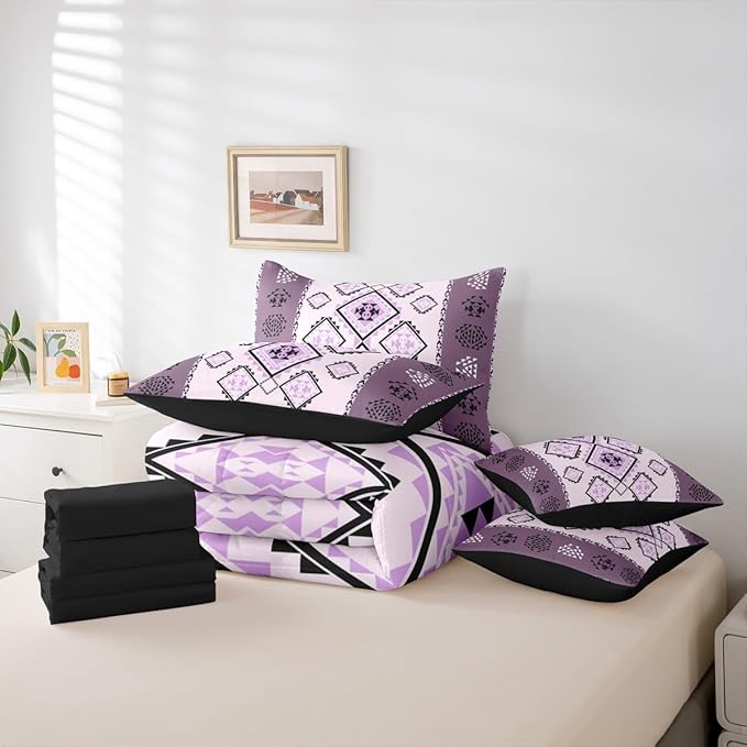 Erosebridal Western Twin Comforter Set with Sheets 7 Piece Boho Aztec Bed in A Bag Exotic Native American Bedding Sets for Women Men Ethnic Tribal Geometric Diamond Bed Set Rustic Purple Room Decor