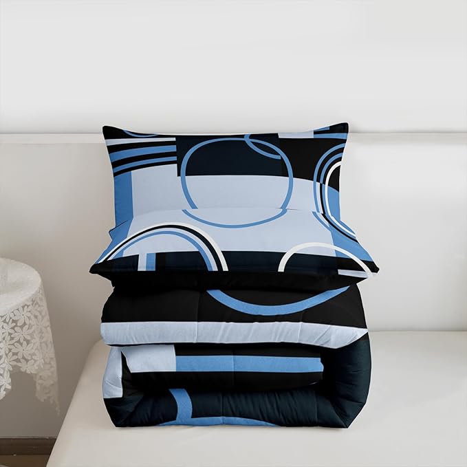 Retro Blue Grey Black Comforter Full Abstract Stripes Circles Bedding Set for Kids Teens Adult Square Spiral Quilt Geometric Plaid Duvet Insert Graphic Artwork Quilted Comforter All Season